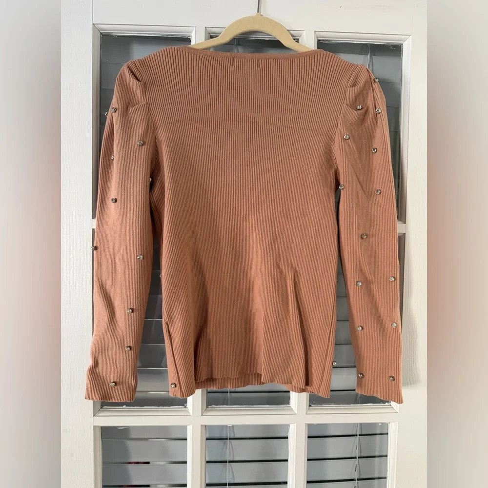 On Twelfth Women’s L Blush Beige / Taupe Rhinestone Ribbed Sweater | SKU 0163